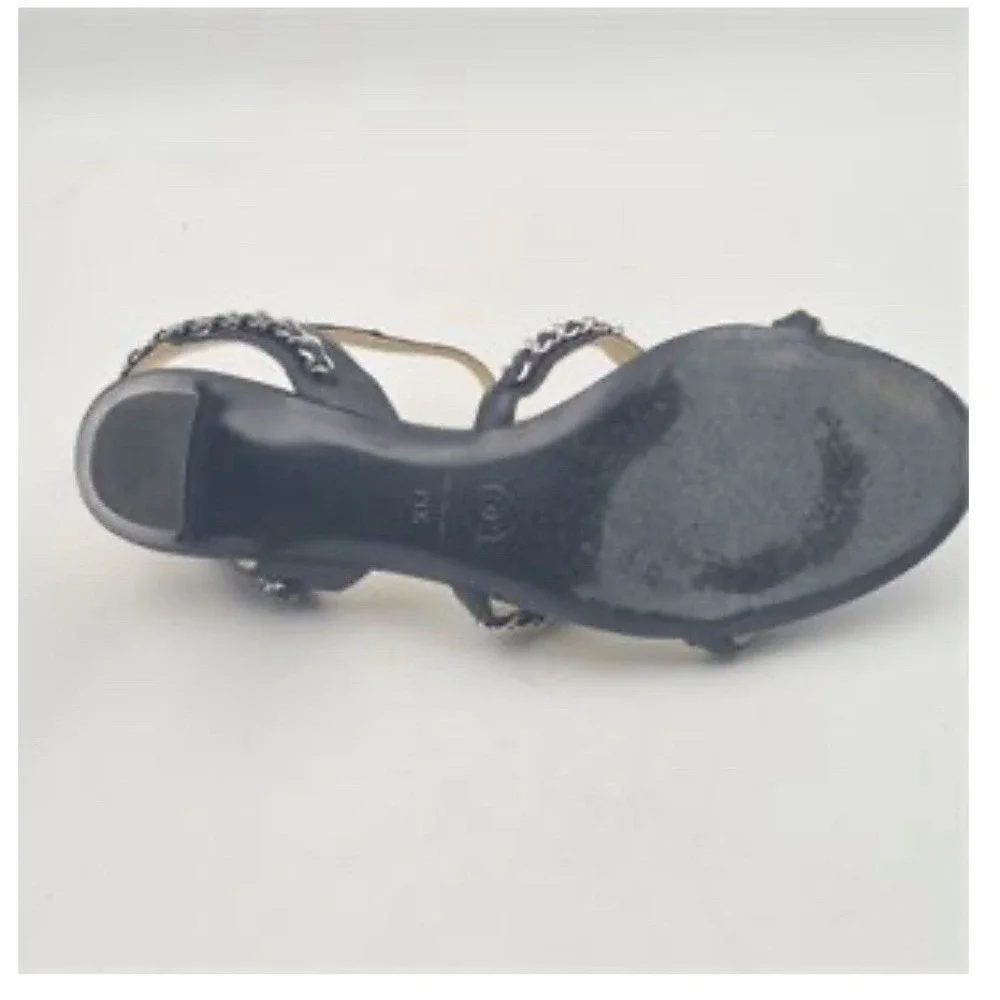 CHANEL Black Chain T-Strap Sandal Heels 39.5‎ 8.5 Silver CC Block